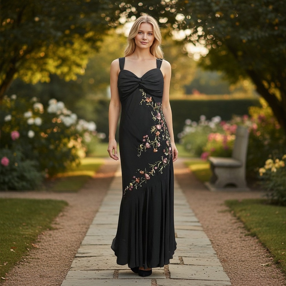 Vintage Y2K S.L Fashions Black Maxi Dress Floral Embroidery Beaded Formal 14